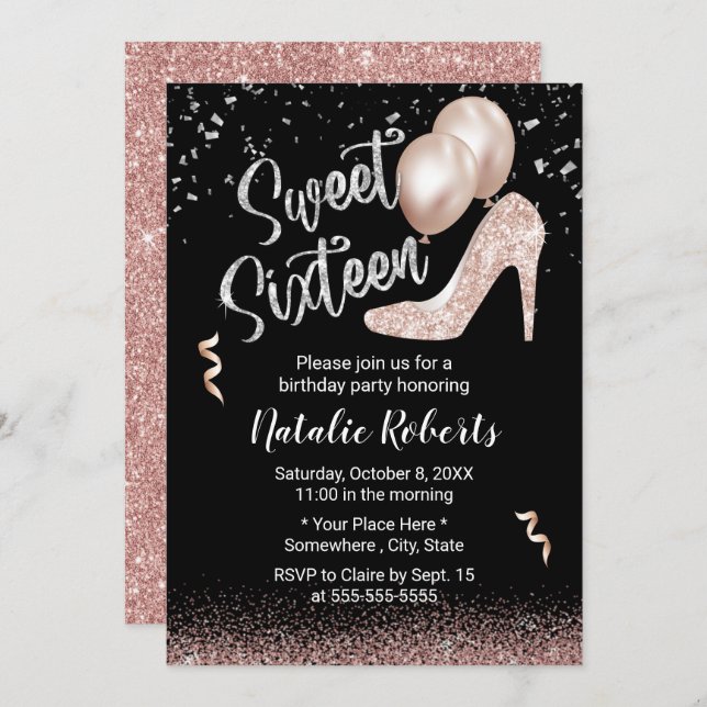 Sweet 16 Modern Rose Gold Girl 16th Birthday Invitation (Front/Back)