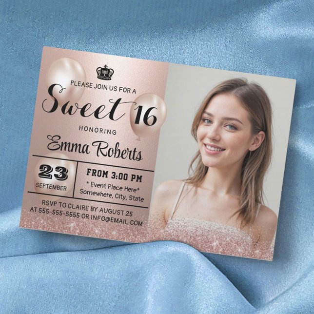 Sweet 16 Modern Rose Gold Glitter Photo Birthday Invitation (Creator Uploaded)