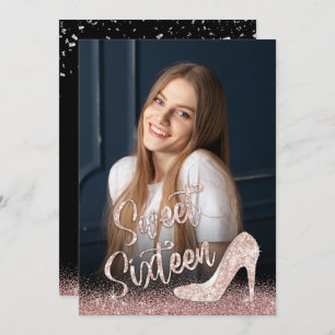 Sweet 16 Modern Rose Gold Glitter Photography Invitation