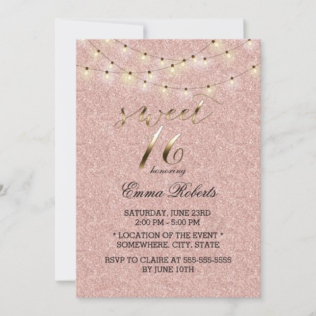 Sweet 16 Modern Rose Gold Glitter String Lights Invitation (Front)