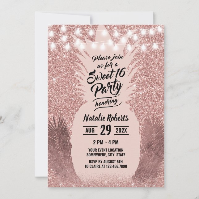 Sweet 16 Modern Rose Gold Tropical Pineapple Invitation (Front)