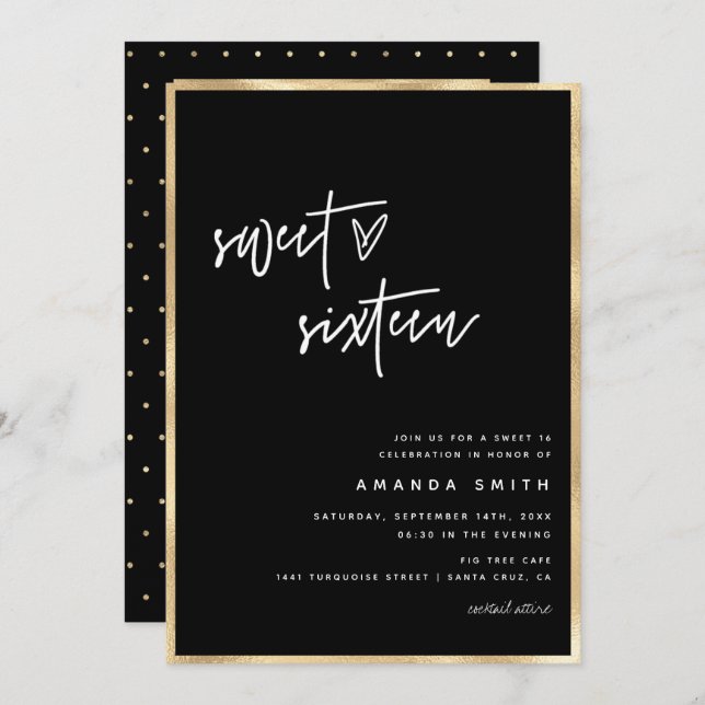 Sweet 16 Modern Script Gold Foil Black Birthday  Invitation (Front/Back)