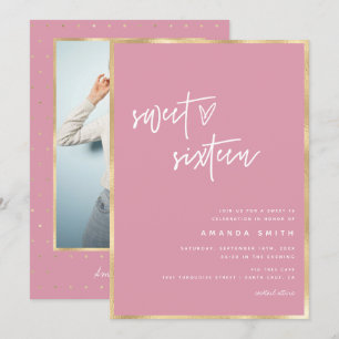 Sweet 16 Modern Script Gold Foil Pink Birthday Invitation