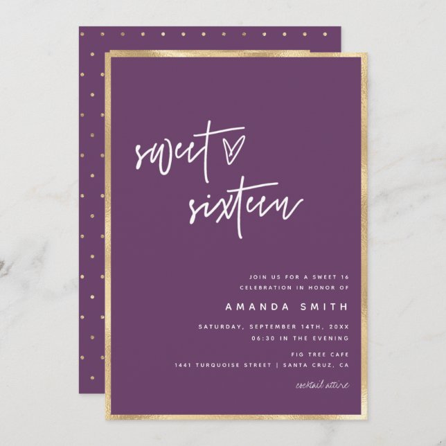 Sweet 16 Modern Script Gold Foil Purple Birthday Invitation (Front/Back)