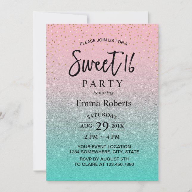 Sweet 16 Modern Teal Pink Silver Glitter Birthday Invitation (Front)