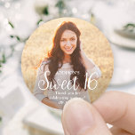 Sweet 16 Modern Trendy Script and Photo Thank You Classic Round Sticker<br><div class="desc">Add a personalised finishing touch to Sweet 16 party favours, invitations and thank you notes with custom photo round stickers / envelope seals. The picture and all wording on this template are simple to customise. (IMAGE PLACEMENT TIP: An easy way to position a photo exactly how you want is to...</div>