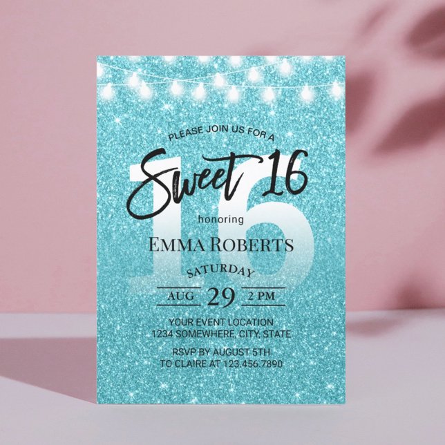 Sweet 16 Modern Turquoise Glitter Girl Birthday Invitation (Creator Uploaded)