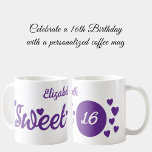 Sweet 16 name 16th birthday purple coffee mug<br><div class="desc">Celebrate her sweet 16 with a personalised coffee mug as unique as she is! This charming mug features her name beautifully displayed, making every sip extra special. Perfect for hot cocoa, tea, or her favourite latte, it’s a thoughtful keepsake she’ll treasure for years. Crafted for durability and style, it’s the...</div>