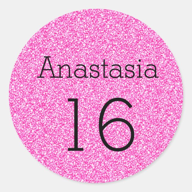 Sweet 16 Name Age Black & Hot Pink Glitter Sparkle Classic Round Sticker (Front)