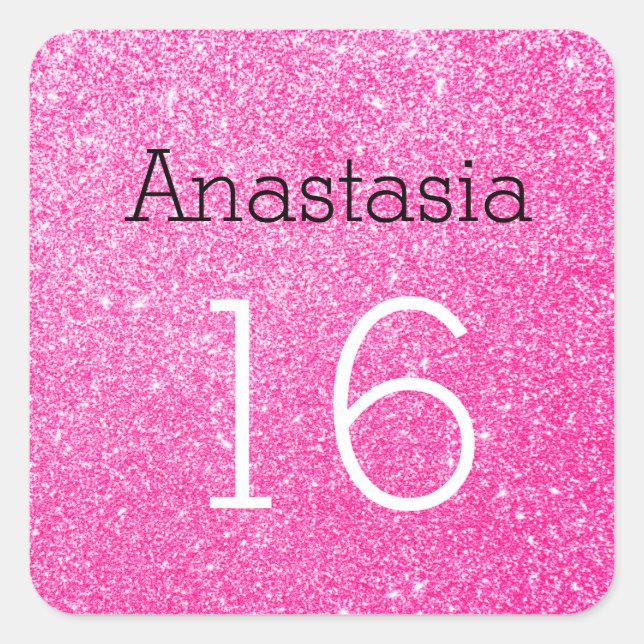 Sweet 16 Name Age Black & Hot Pink Glitter Sparkle Square Sticker (Front)