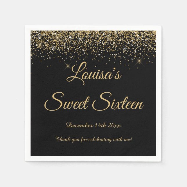 Sweet 16 Napkin Black & Gold Party Decorations (Front)