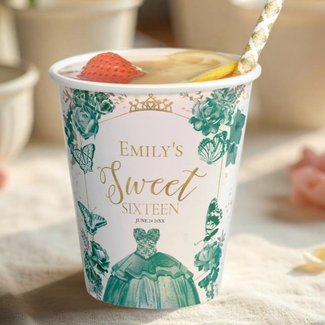 Sweet 16 Napkins Butterfly Emerald Green Dress Paper Cups (Creator Uploaded)