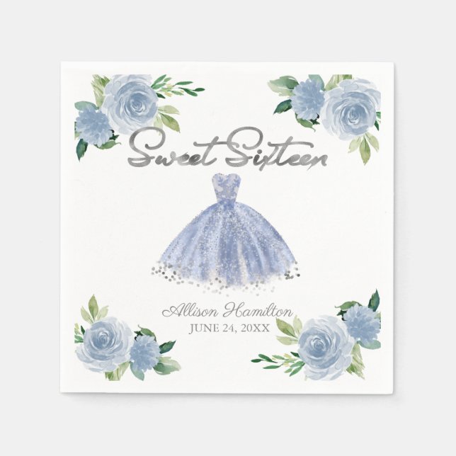 Sweet 16 Napkins Silver Dusty Blue Gown Floral (Front)