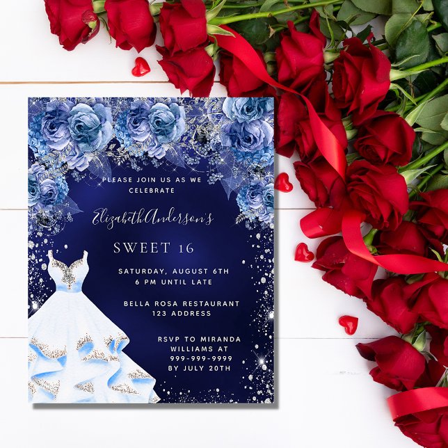 Sweet 16 navy blue dress floral budget invitation flyer (Creator Uploaded)