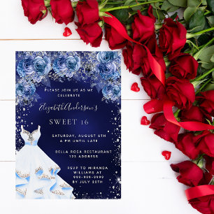 Sweet 16 navy blue dress glitter floral party invitation postcard