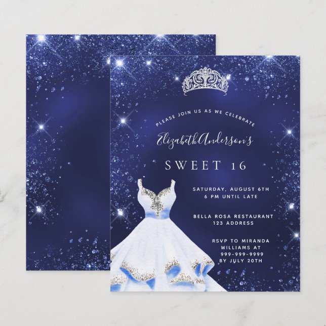 Sweet 16 navy blue dress tiara invitation (Front/Back)