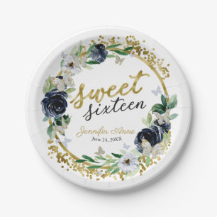 Sweet 16 Navy Blue Floral Butterfly Paper Plate