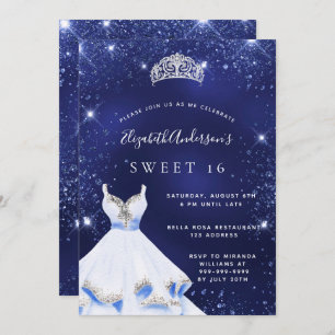 Sweet 16 navy blue glitter dress tiara glamourous invitation