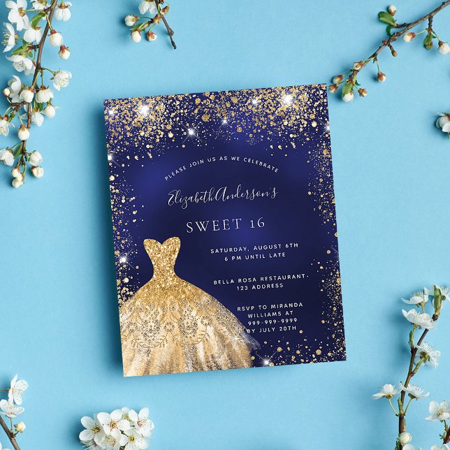 Sweet 16 navy blue gold dress budget invitation flyer (Creator Uploaded)