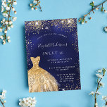 Sweet 16 navy blue gold dress glamourous invitation<br><div class="desc">A trendy and glamourous invitation for a Sweet 16,  16th birthday party.  A navy blue background with faux gold glitter dust and a dress.   The blue colour is uneven. The name is written with a modern hand lettered style script.  Personalise and add your party details.</div>