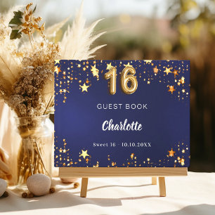 Sweet 16 navy blue gold stars guest book