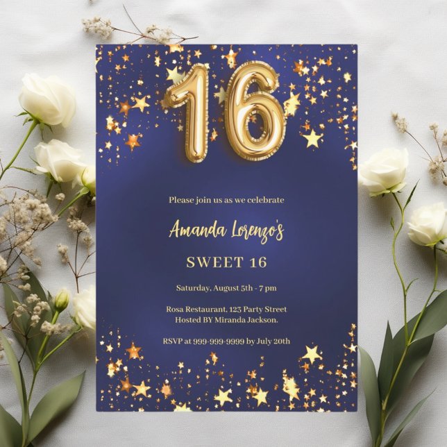 Sweet 16 navy blue gold stars invitation (Creator Uploaded)