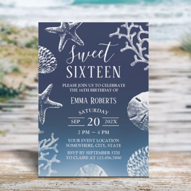 Sweet 16 Navy Blue Ombre Beach Starfish Seashells Invitation (Creator Uploaded)