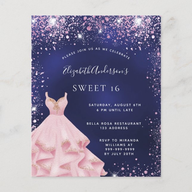 Sweet 16 navy blue pink dress invitation (Front)
