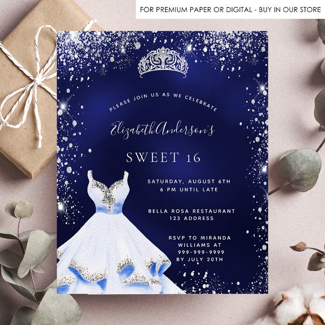Sweet 16 navy blue silver dress tiara budget flyer (Creator Uploaded)