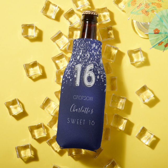 Sweet 16 navy blue silver glitter name bottle cooler (In Situ Summer)