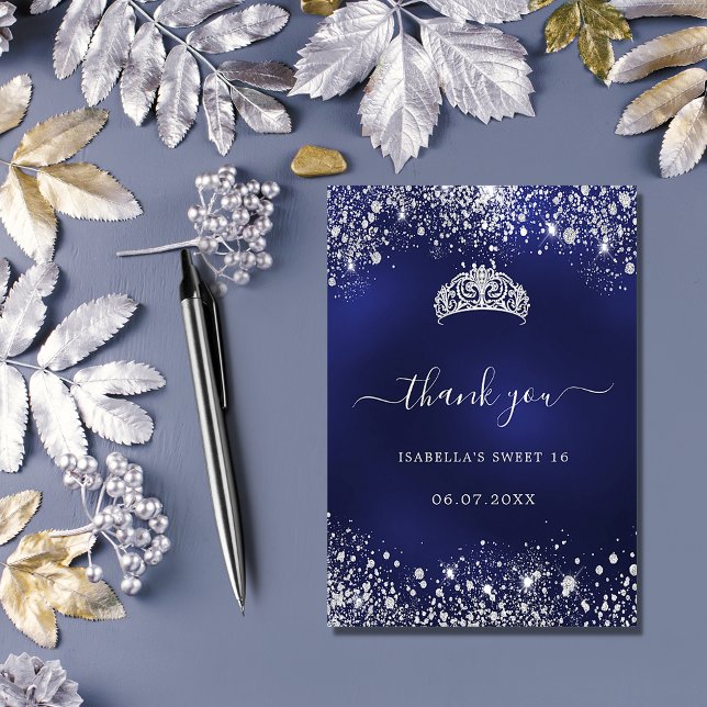 Sweet 16 navy blue silver glitter tiara thank you card (Creator Uploaded)