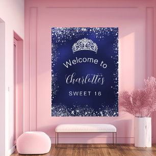 Sweet 16 navy blue silver glitter welcome poster