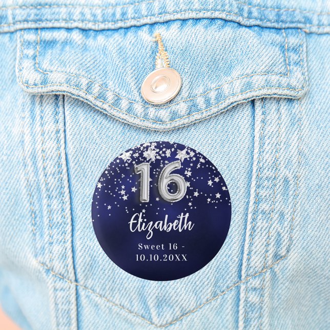 Sweet 16 navy blue silver stars 3 cm round badge (Creator Uploaded)
