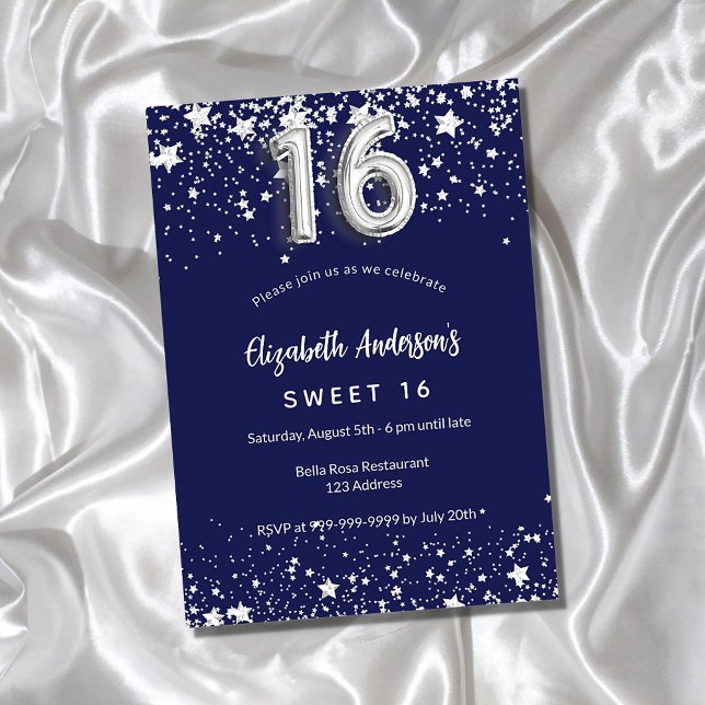 sweet 16 navy blue silver stars luxury invitation (Creator Uploaded)