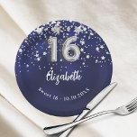 Sweet 16 navy blue silver stars paper plate<br><div class="desc">A navy blue background colour with faux silver stars. The blue colour is uneven.  Add your name,  text.</div>