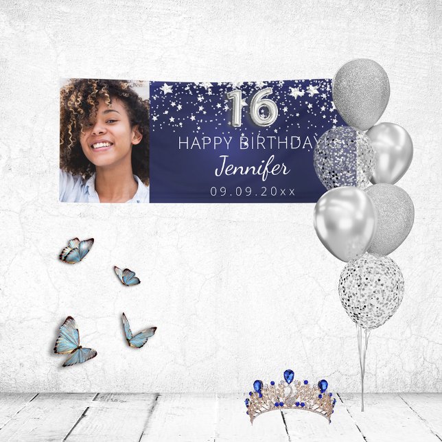 Sweet 16 navy blue silver stars photo party banner (Creator Uploaded)