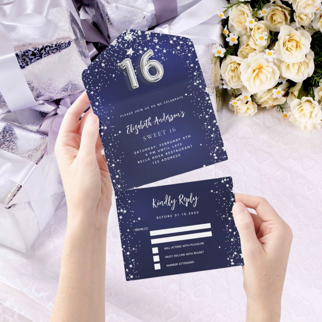 Sweet 16 navy blue silver stars rsvp all in one invitation (Creator Uploaded)