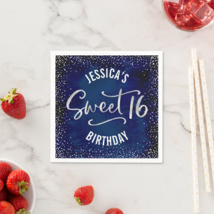 Sweet 16 Navy Blue Watercolor Silver Glam Birthday Napkin