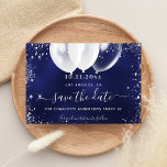 Sweet 16 navy blue white balloons save the date announcement postcard<br><div class="desc">A girly and trendy Save the Date card for a Sweet 16,  16th birthday party. A navy blue uneven coloured background. Decorated with faux silver glitter and white balloons. The text: Save the Date is written with a large trendy hand lettered style script.</div>