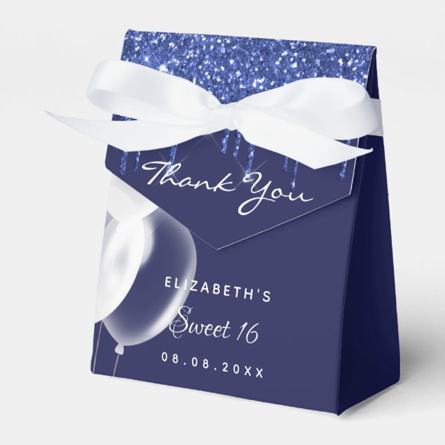 Sweet 16 navy blue white balloons thank you favour box (Front Side)