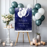 Sweet 16 navy blue white balloons welcome poster<br><div class="desc">A welcome poster for a girly and glamorous Sweet 16,  16th birthday party.  A navy blue background with elegant faux silver glitter sparkles and white balloons. The blue color is uneven.  Personalize and add a name.  White letters. 
Back: no design</div>