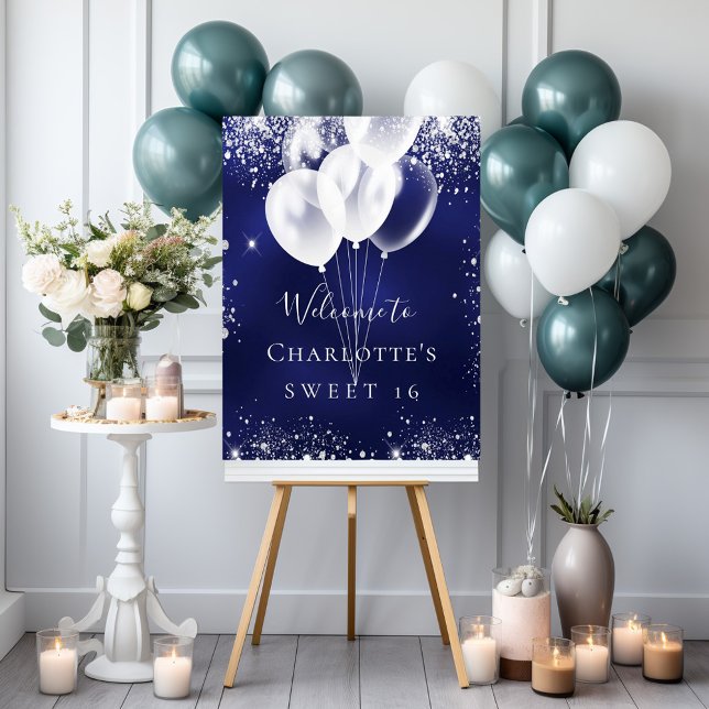 Sweet 16 navy blue white balloons welcome poster (Creator Uploaded)