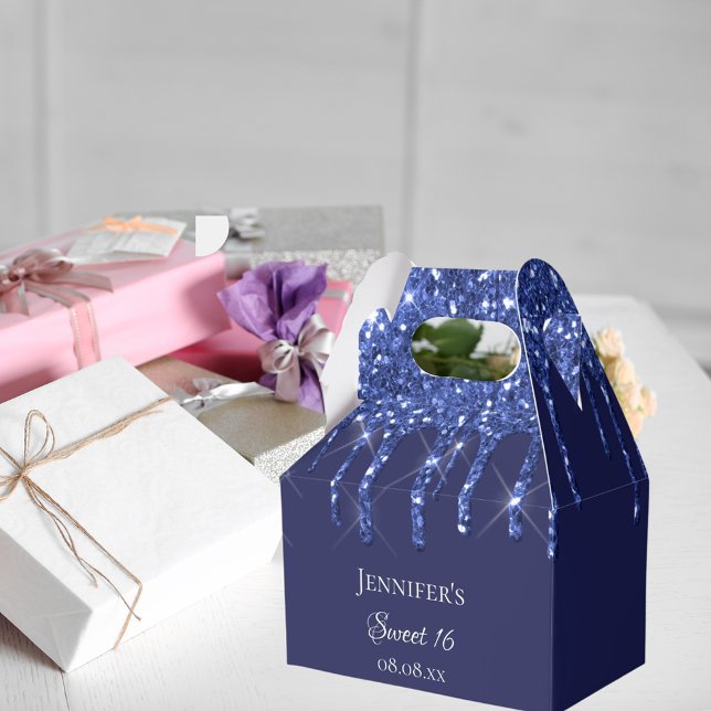 Sweet 16 navy blue white glitter drips favour box (Creator Uploaded)