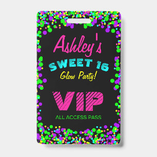 Sweet 16 Neon Glow Birthday Invitation VIP Pass ID Badge