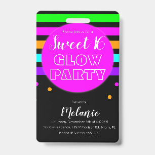 Sweet 16 Neon Glow Party Birthday Pass ID Badge