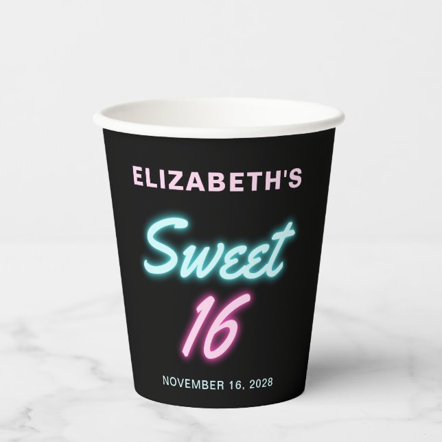 Sweet 16 Neon Lights Birthday Party Paper Cups (Front)