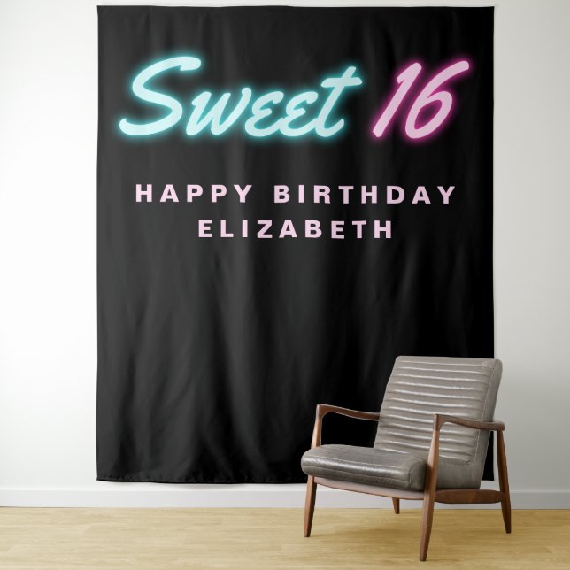 Sweet 16 Neon Lights Black Birthday Party Tapestry (In Situ)