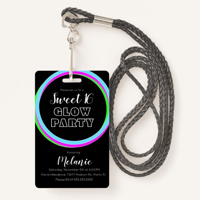 Sweet 16 Neon Party Glow Birthday Pass ID  Badge (Front with Lanyard)