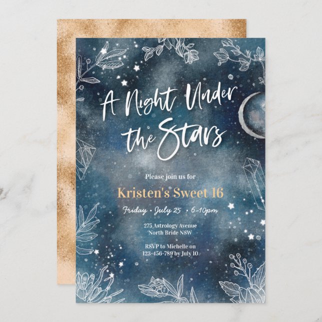 Sweet 16 Night under stars floral Party Invitation (Front/Back)