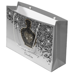 Sweet 16 Noir Fragrance Black & Gold Glitter Large Gift Bag